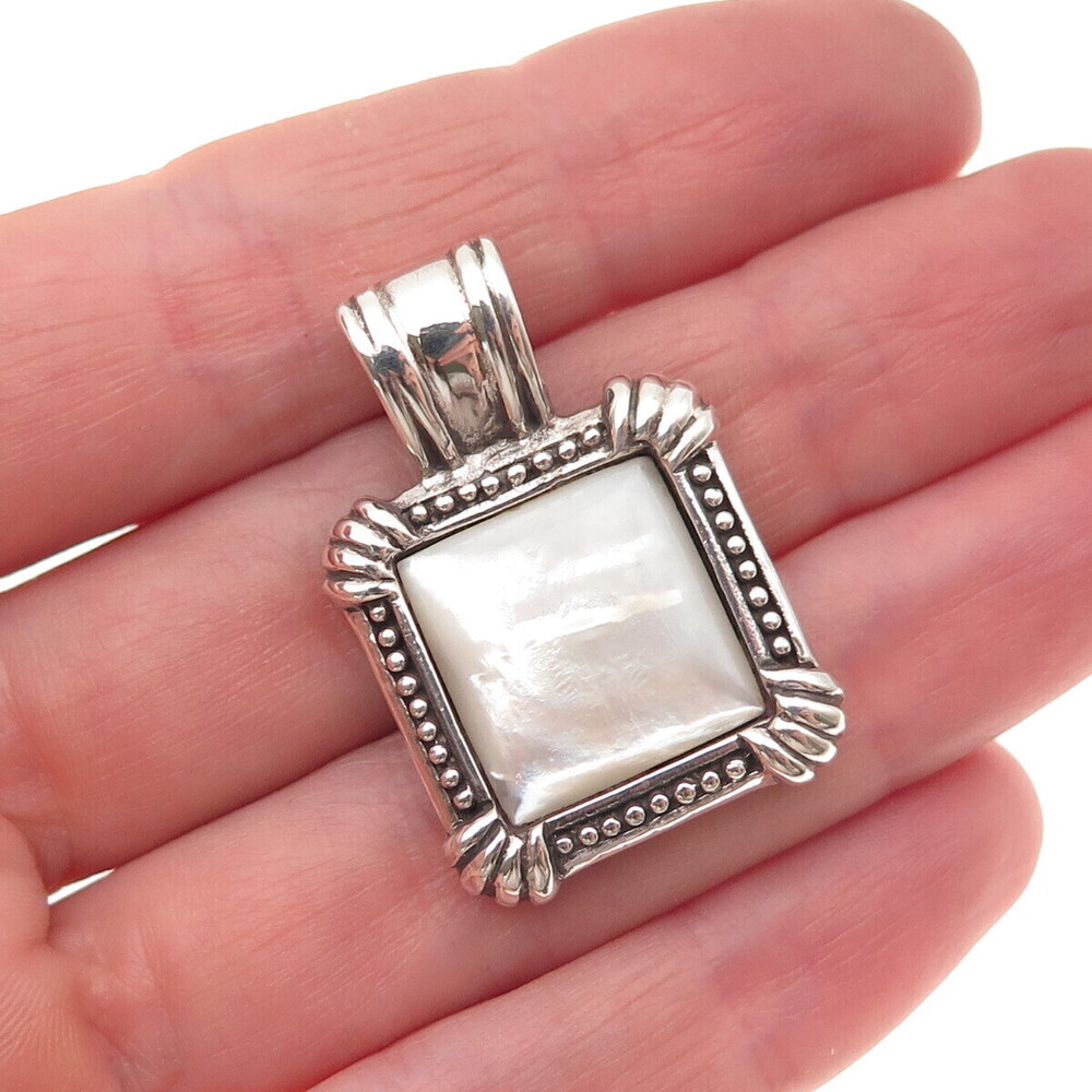 925 Sterling Silver Vintage Real MOP Granulated Oxidized Charm Pendant